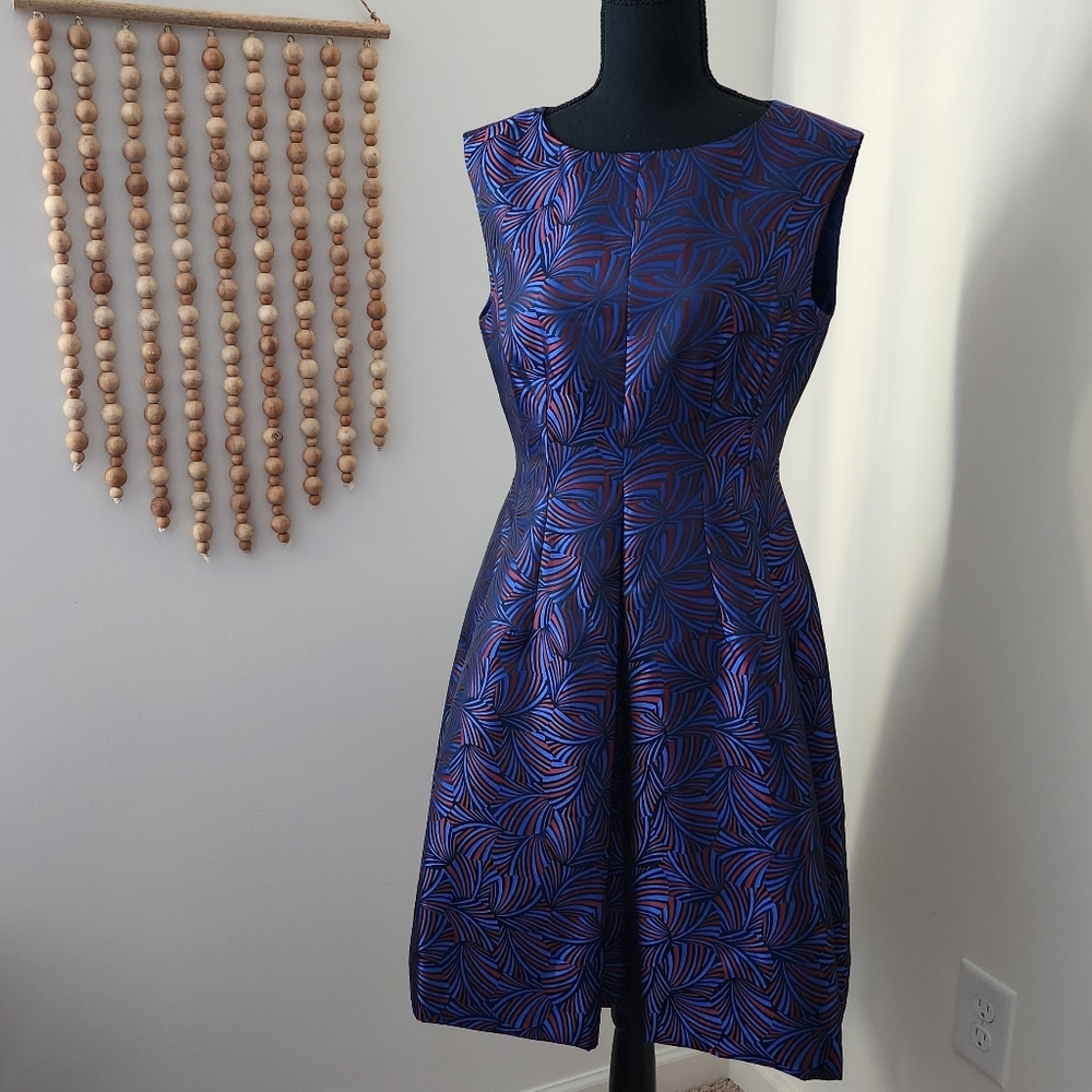 Anne Klein Sleeveless Knee Length Dress Womns 8 NWT Blue Maroon City Chic Preppy